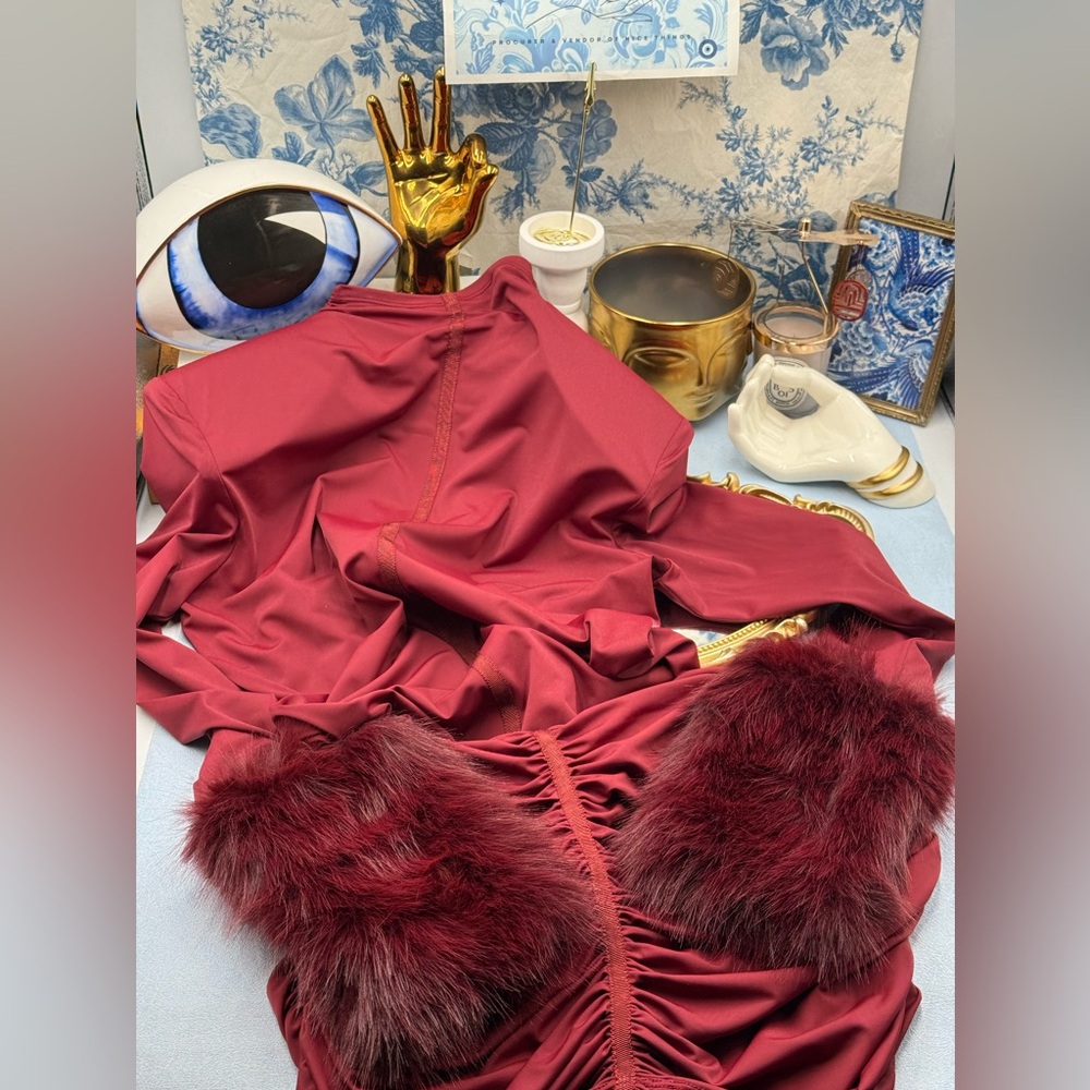 🆕 BRONX & BANCO 🧿 NWOT Eleanor Burgundy Fur Trimmed Mini Dress, Sz L US 8 - Picture 15 of 17